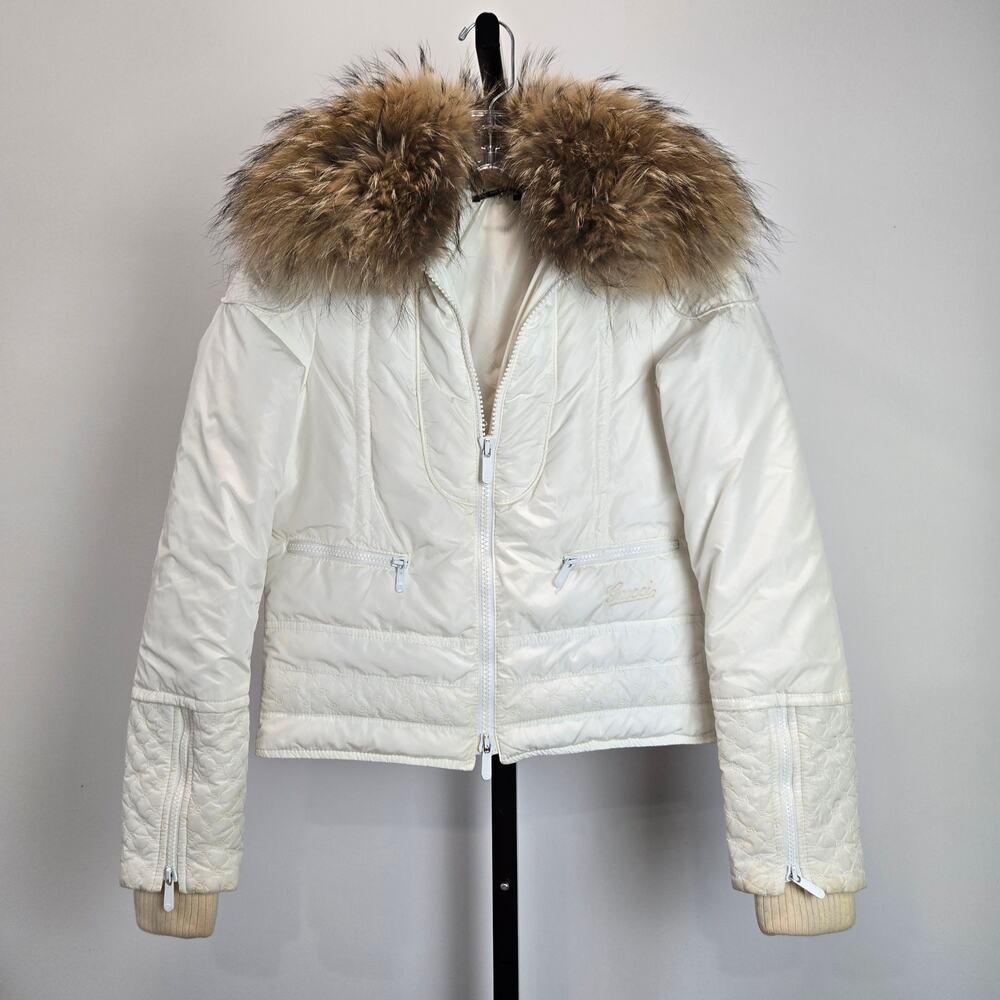 Gucci Down‎ Puffer Coat Fur Color White Monogram Quilted 38 XS 2 Y2K Snow Bunny